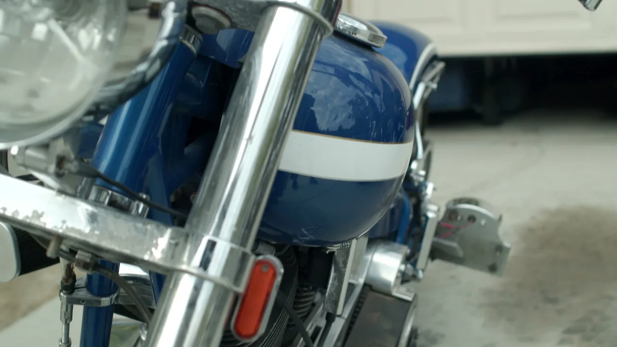 Blue-and-white cruiser motorcycle